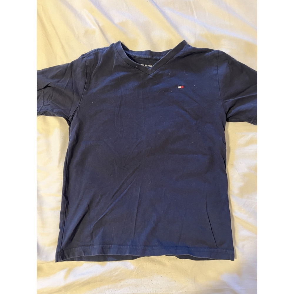 Tommy Hilfiger Shirt Boys Sz S (7) Blue White Red Flag Logo Cotton Casual Active